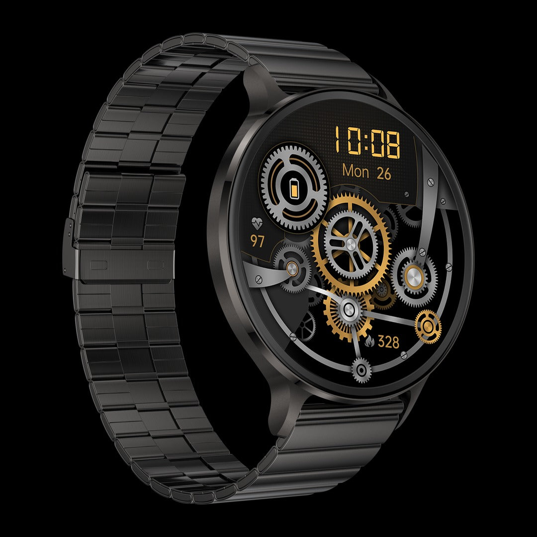 Carbon Apollo preto com pulseira de aço em elos, com outro mostrador na tela