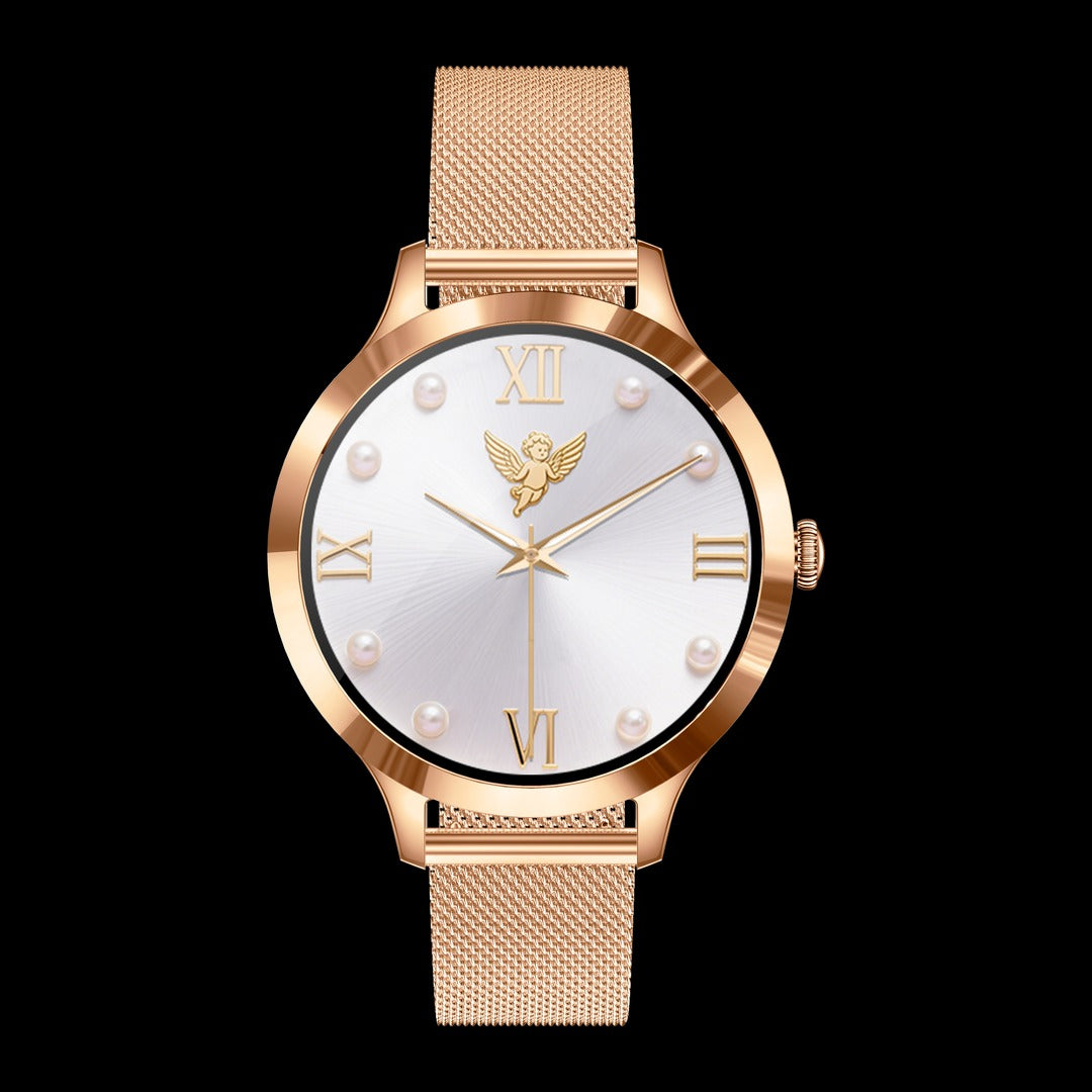 Carbon Iris rosé com pulseira de malha de metal, de frente, com mostrador de numeral romano