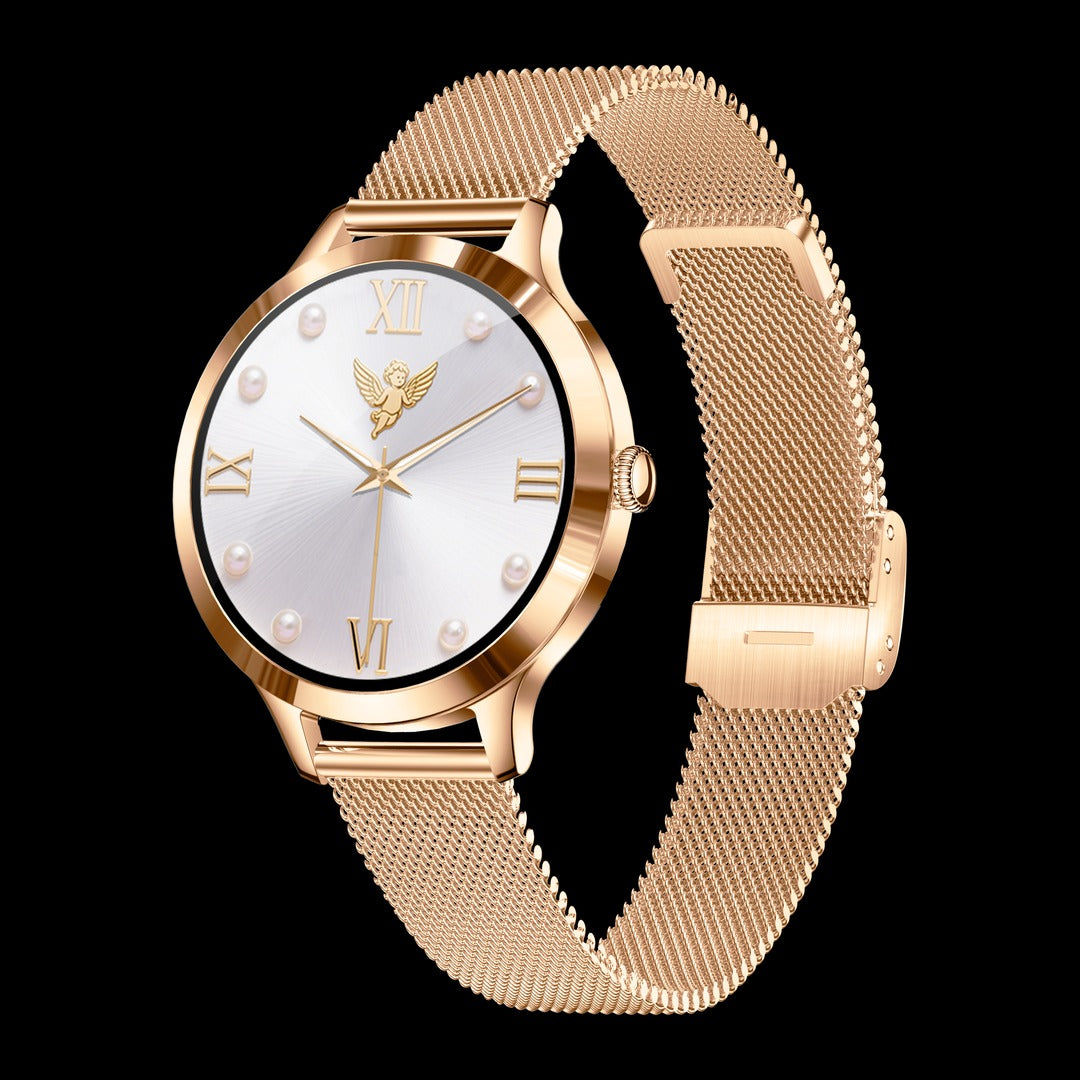 Carbon Iris rosé com pulseira de malha de metal, em ângulo, com mostrador de numeral romano