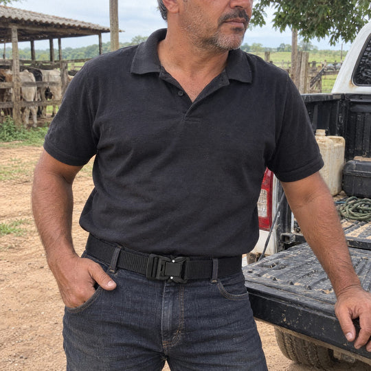 Homem usando o Cinto Tático Carbon ao lado da caminhonete