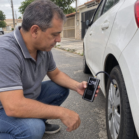 Homem calibrando o pneu do carro com o Compressor de Pneu Carbon