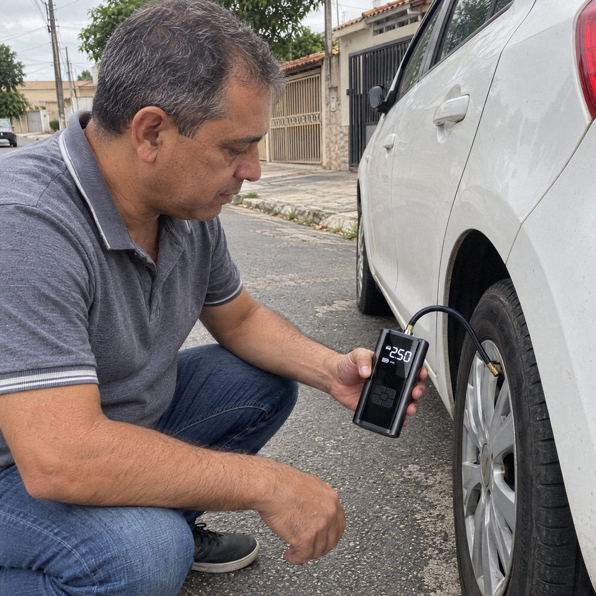 Homem calibrando o pneu do carro com o Compressor de Pneu Carbon