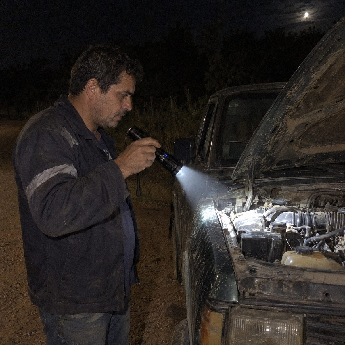 Lanterna Tática Carbon iluminando o motor de uma caminhonete à noite